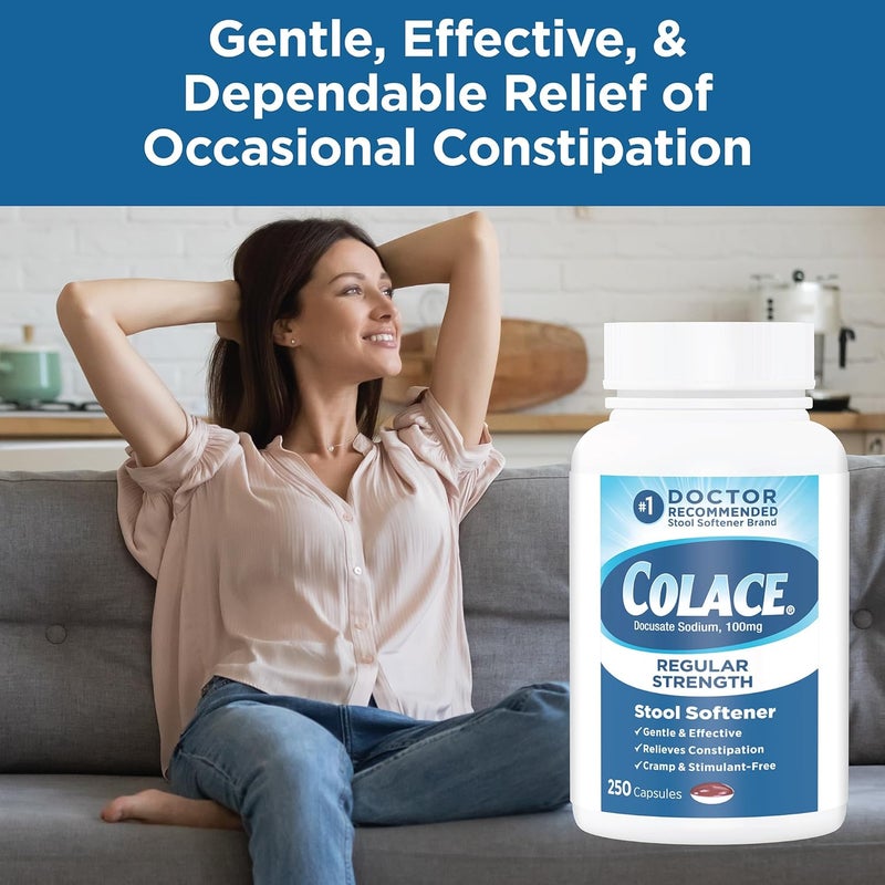 COLACE Stool Softener 100 mg, 250 Capsules, Constipation Relief, Docusate Sodium, Gentle Docusate, Stimulant-Free, Regular Strength, #1 Doctor Recommended Stool Softener Brand - Image 5
